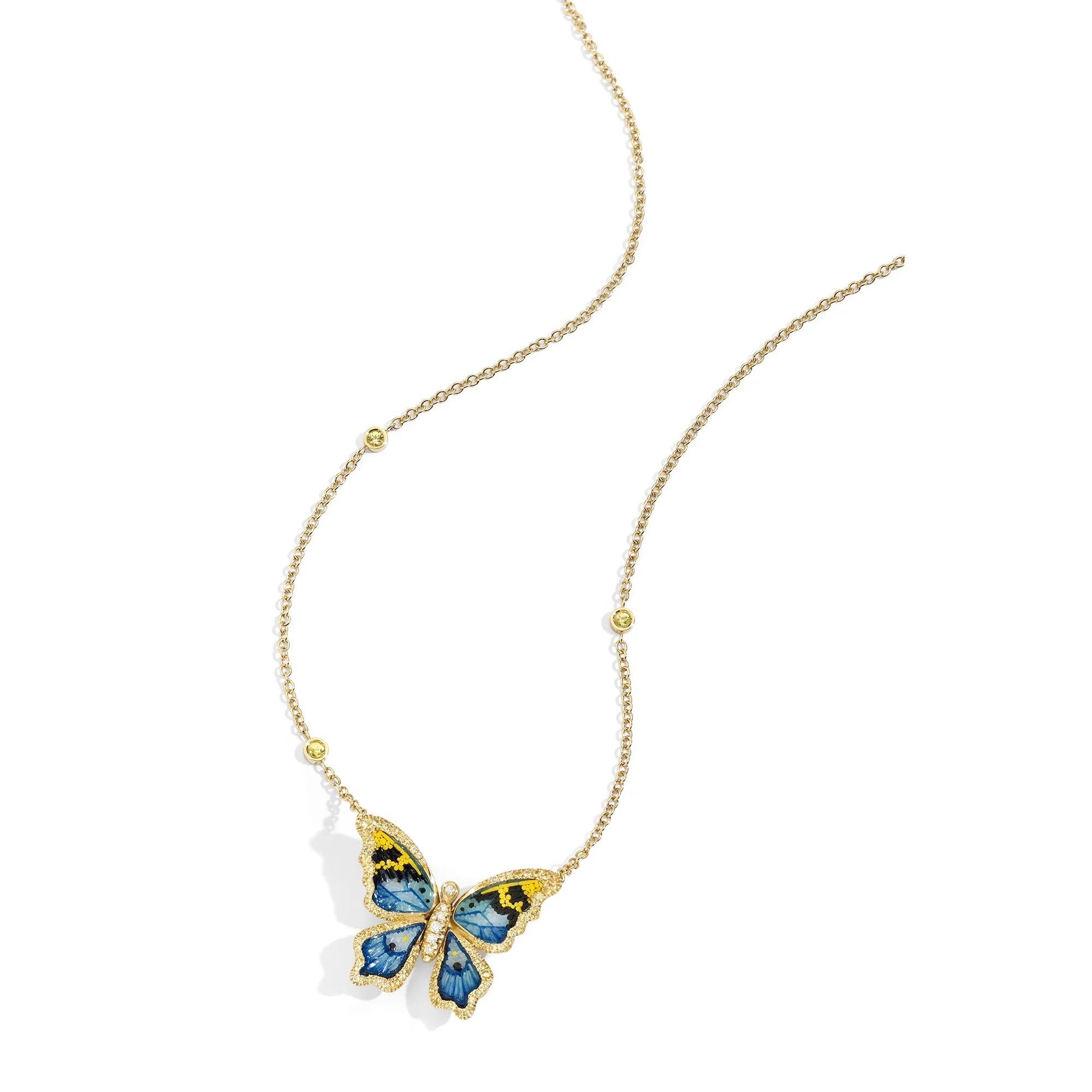 Indulge in the golden splendor of nature's embrace with this extraordinary necklace inspired by the Gold-Banded Forester butterfly. 
Crafted with the finest yellow gold, adorned with mesmerizing diamonds, luminous yellow sapphires, and intricate