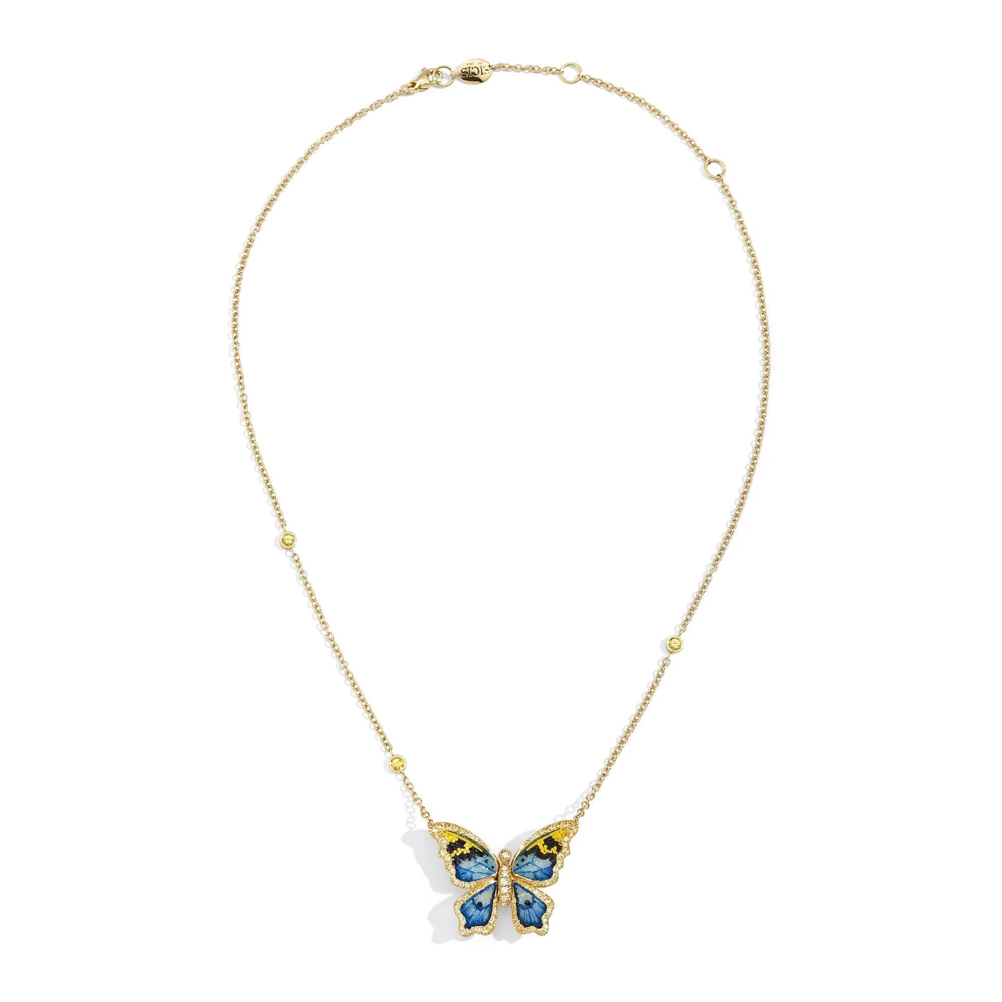 Contemporary Yellow Gold Butterfly Necklace with White Diamonds, Sapphires and Micromosaic For Sale