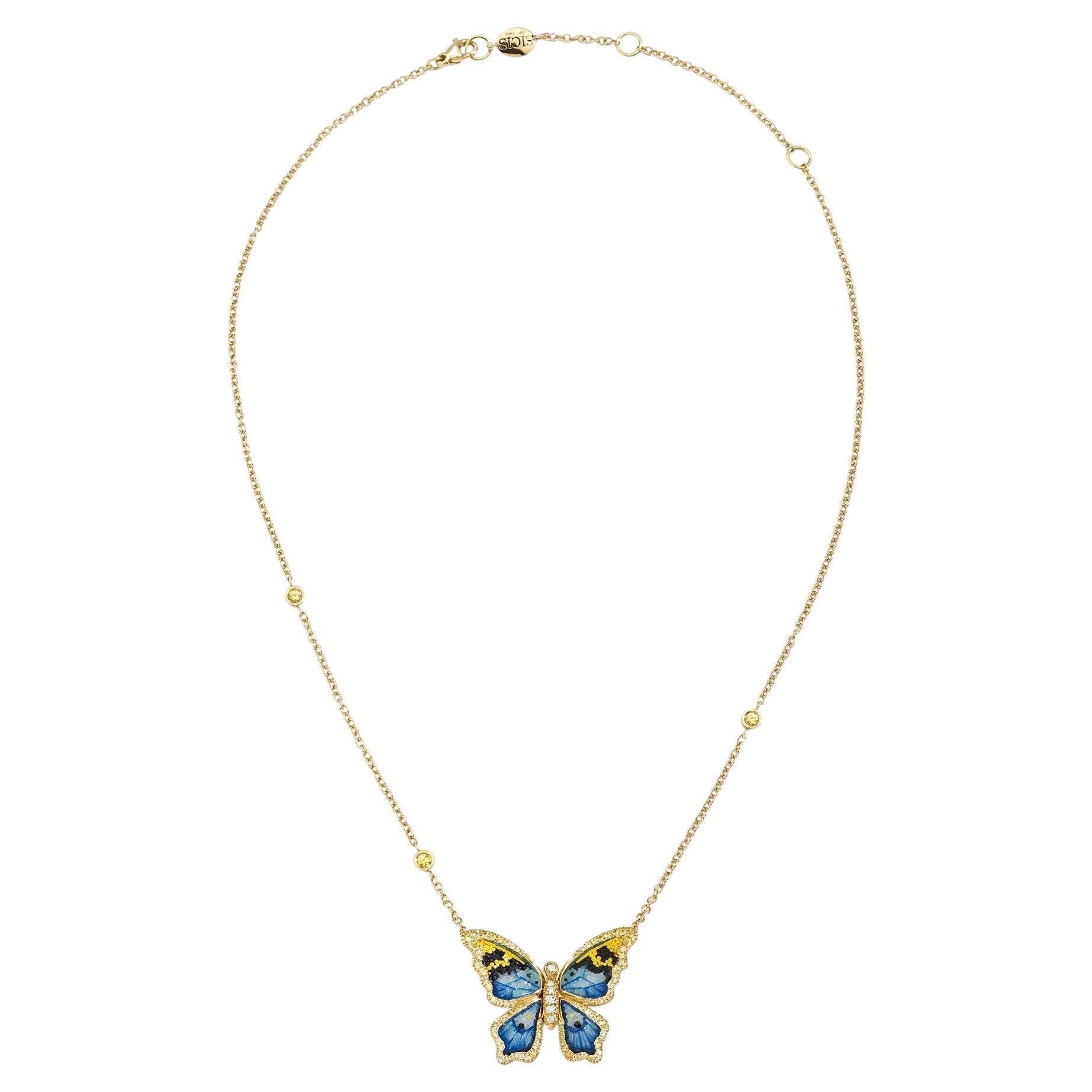 Yellow Gold Butterfly Necklace with White Diamonds, Sapphires and Micromosaic For Sale