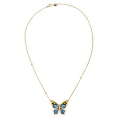Yellow Gold Butterfly Necklace with White Diamonds, Sapphires and Micromosaic