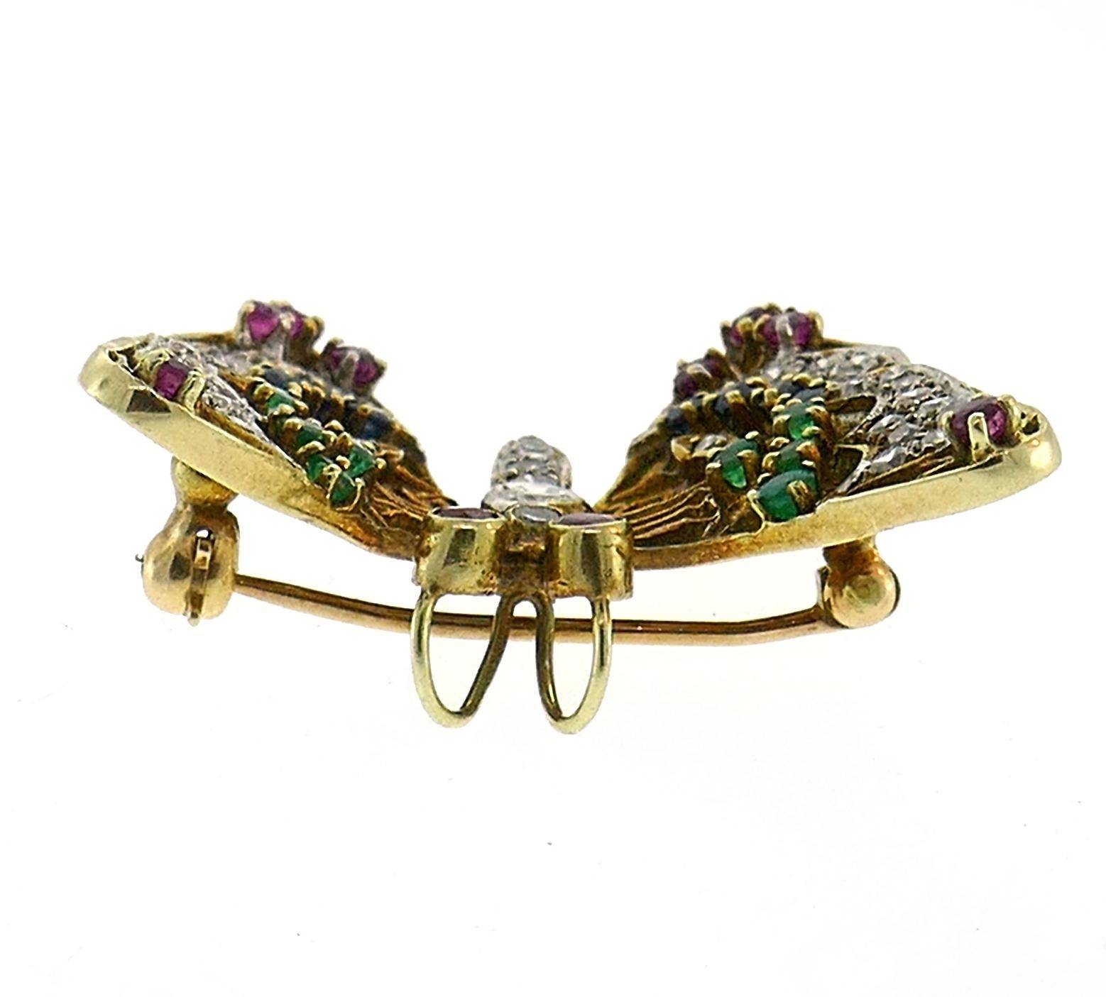 Round Cut Vintage Gold Butterfly Pin Brooch Clip with Diamond Ruby Sapphire Emerald, 1950s