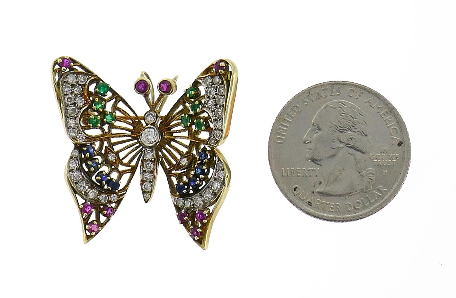 Vintage Gold Butterfly Pin Brooch Clip with Diamond Ruby Sapphire Emerald, 1950s In Good Condition In Beverly Hills, CA