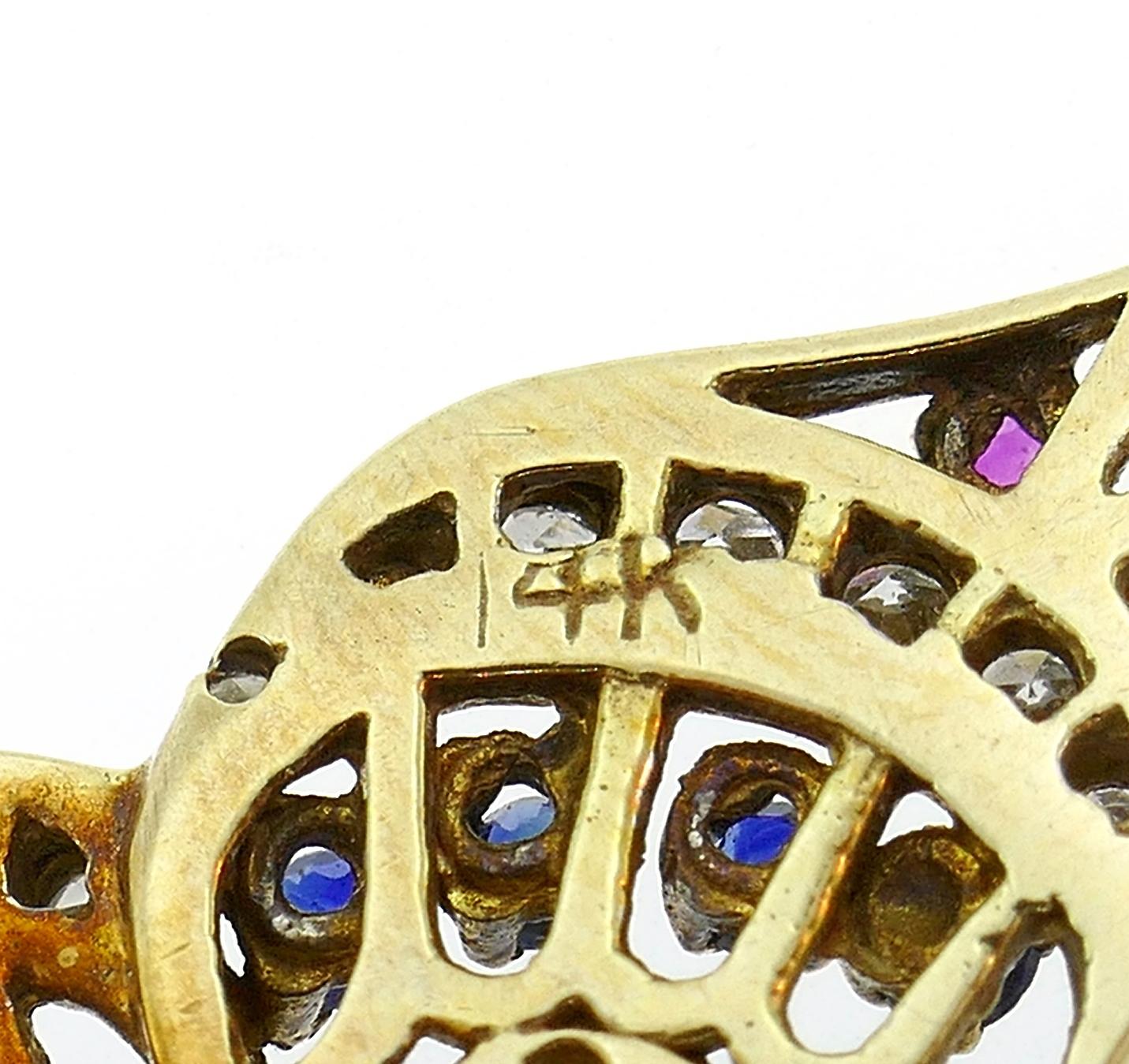 Women's or Men's Vintage Gold Butterfly Pin Brooch Clip with Diamond Ruby Sapphire Emerald, 1950s