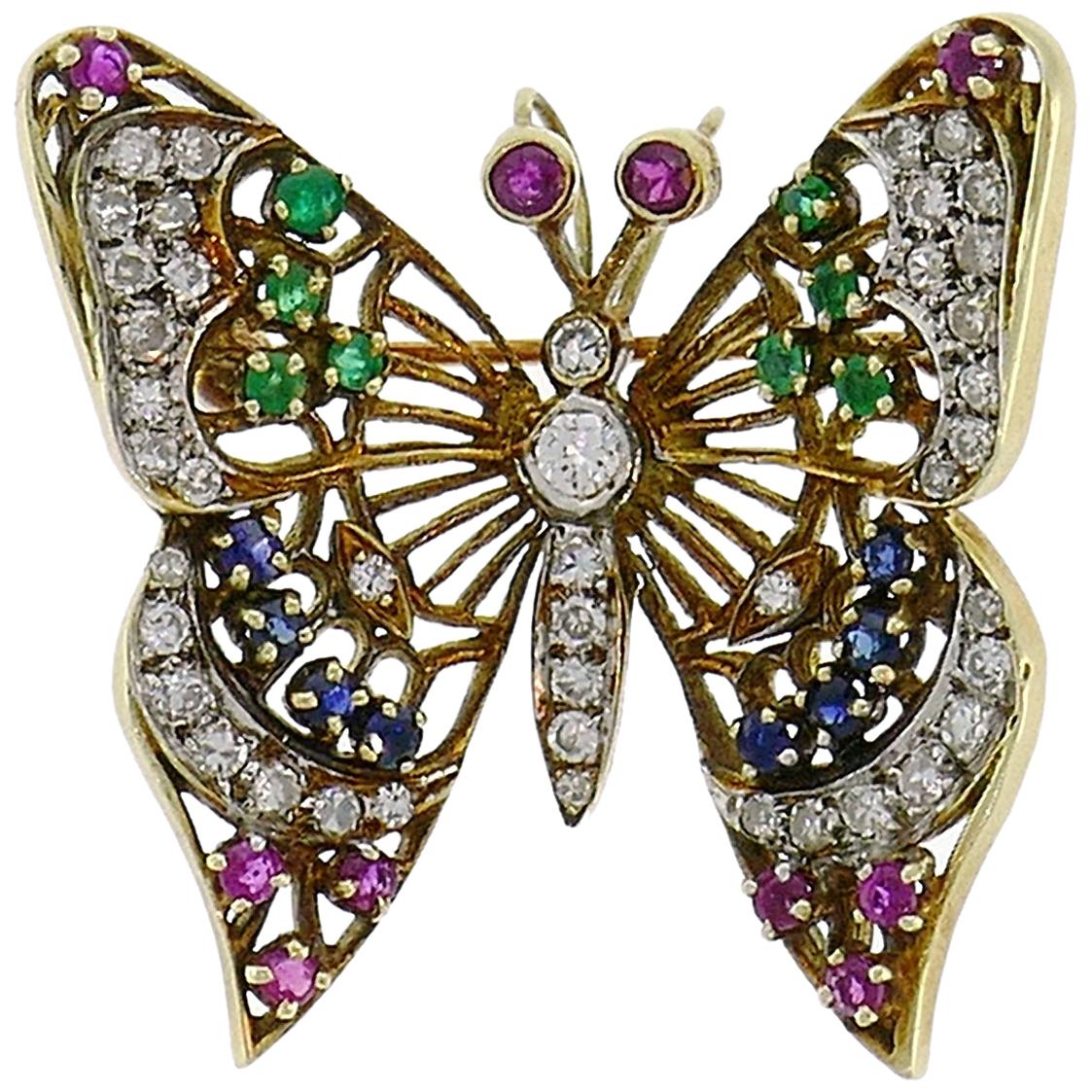 Vintage Gold Butterfly Pin Brooch Clip with Diamond Ruby Sapphire Emerald, 1950s
