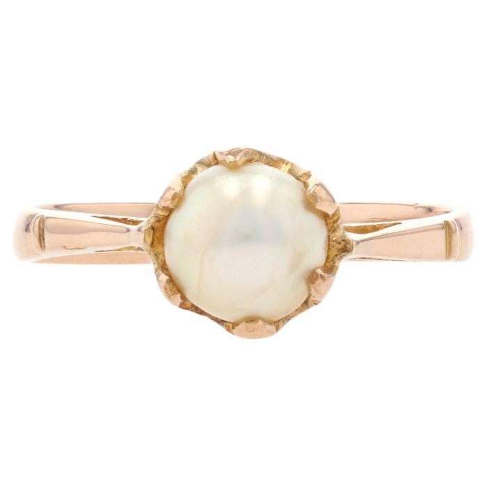 Yellow Gold Button Pearl Edwardian Solitaire Ring - 18k Antique Engagement GIA