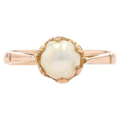 Yellow Gold Button Pearl Edwardian Solitaire Ring - 18k Antique Engagement GIA