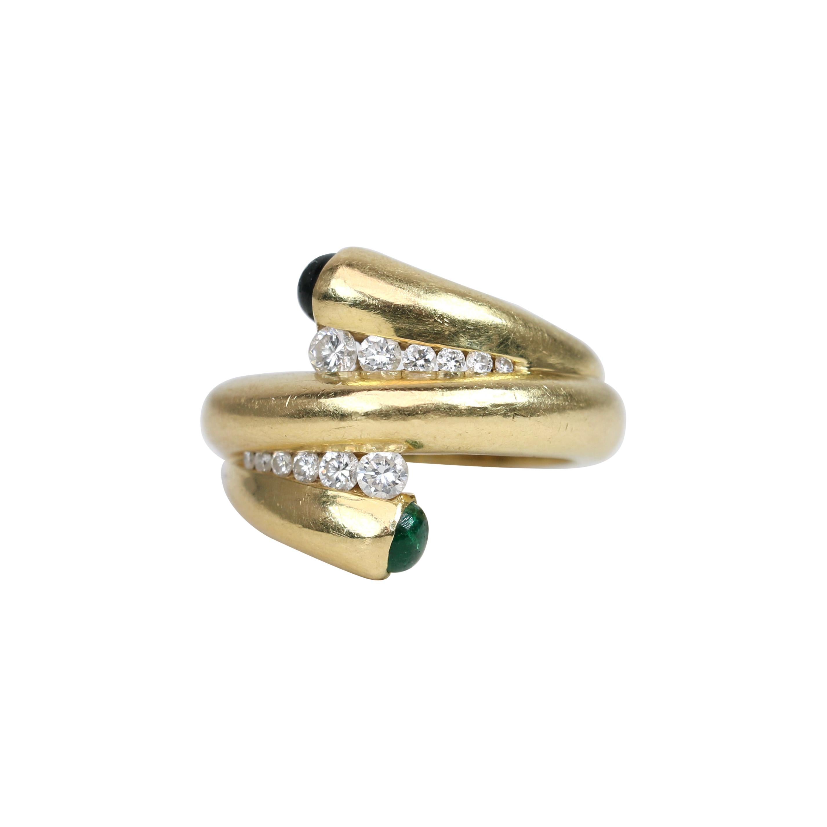 Yellow Gold Bypass Ring with Diamonds Cabochon Emerald Sapphire For Sale