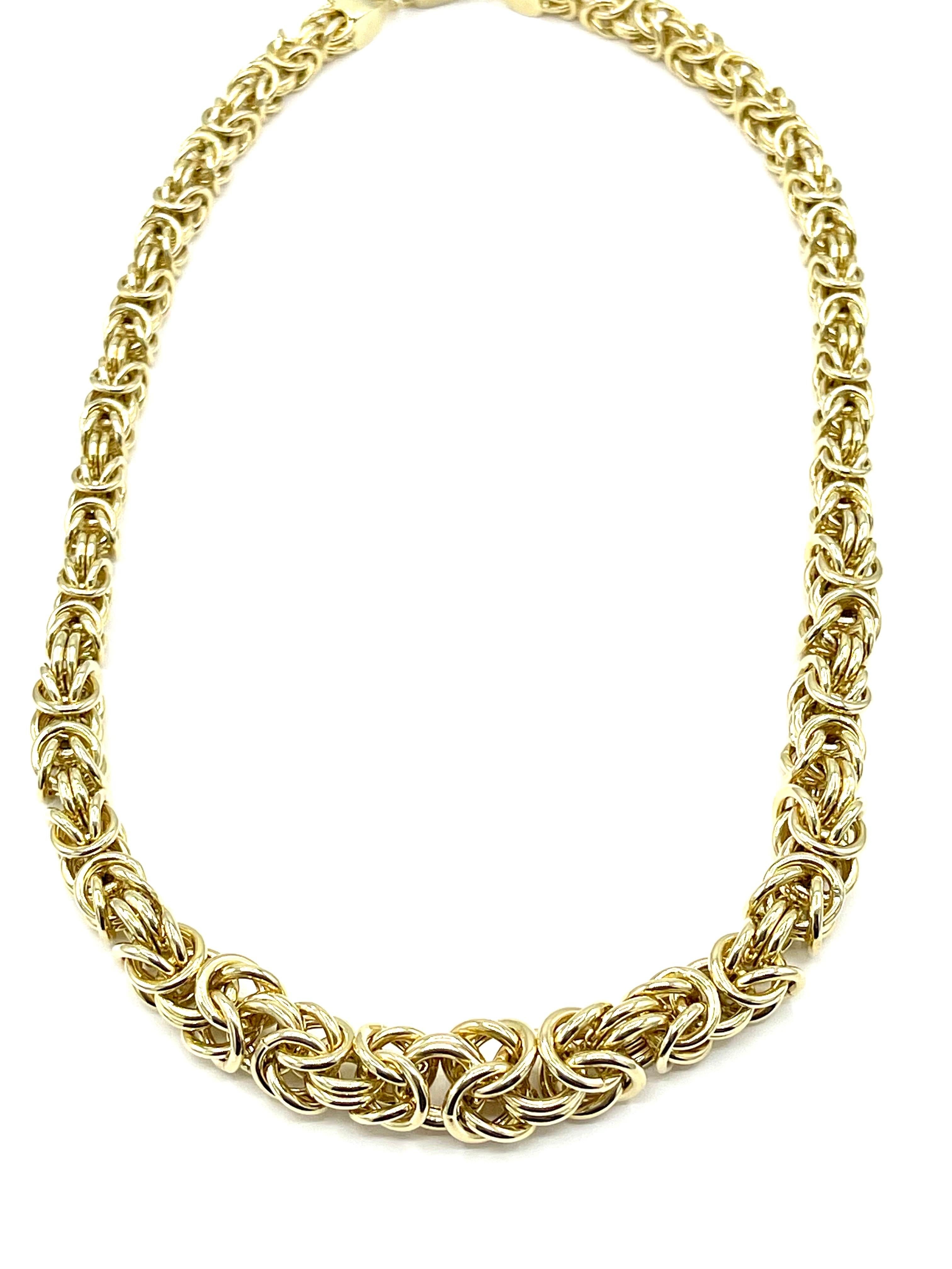 A soft wearable graduated 14 karat yellow gold Byzantine link necklace.  The necklace measures 18.00 inches in length and graduates from 7.00 to 12.00mm in width.  The necklace lays beautifully on the neck.  The clasp of the necklace is stamped