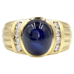 Yellow Gold Cabochon Blue Sapphire and Diamond Ring