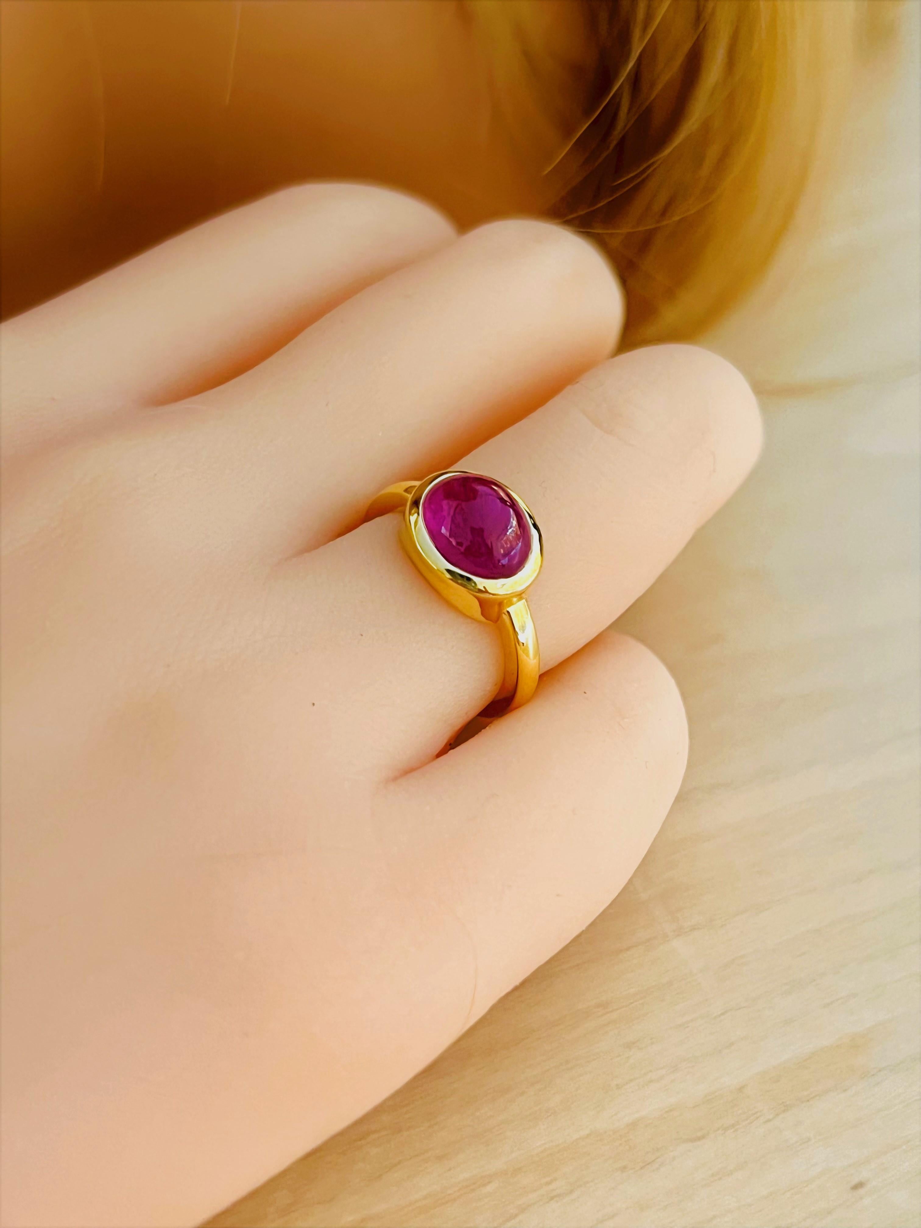 Oval Cut Eighteen Karat Yellow Gold Cabochon Burma Ruby High Dome Cocktail Solitaire Ring
