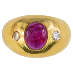 Yellow Gold Cabochon Ruby and Diamond Gypsy Ring