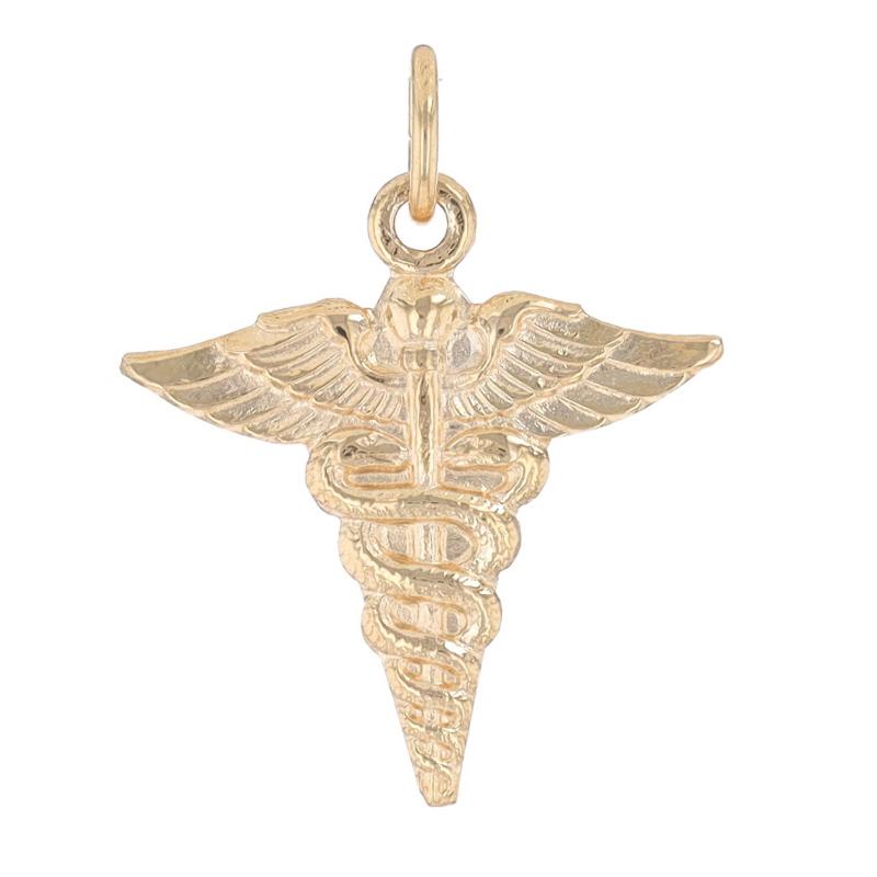 Metal Content: 14k Yellow Gold

Theme: Caduceus, Health Care, Medical Professional
Features: Etched Detailing

Measurements

Tall (from stationary bail): 23/32