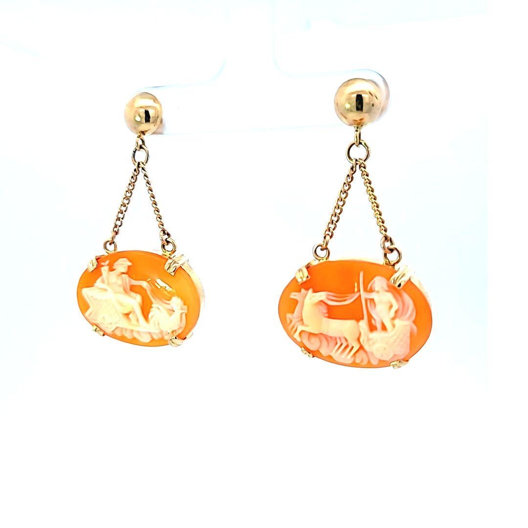 Such unusual drop cameo earrings!  In lovely 14 karat yellow gold!