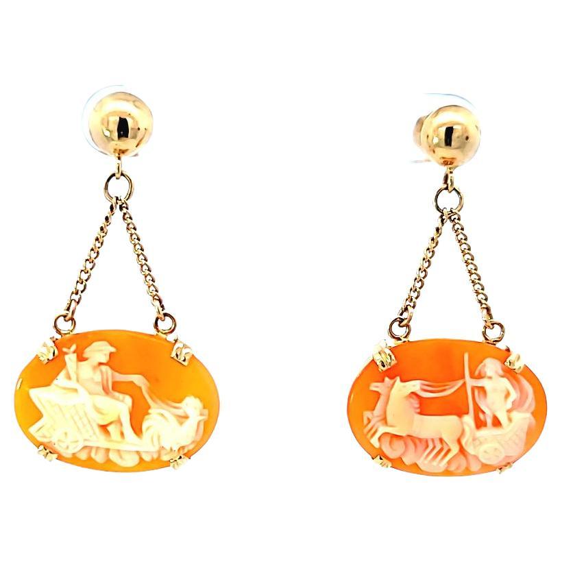 Yellow Gold Cameo Drop Earrings For Sale