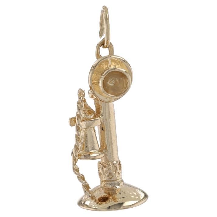 Yellow Gold Candlestick Telephone Charm - 14k Old Fashioned Upright Phone Moves For Sale