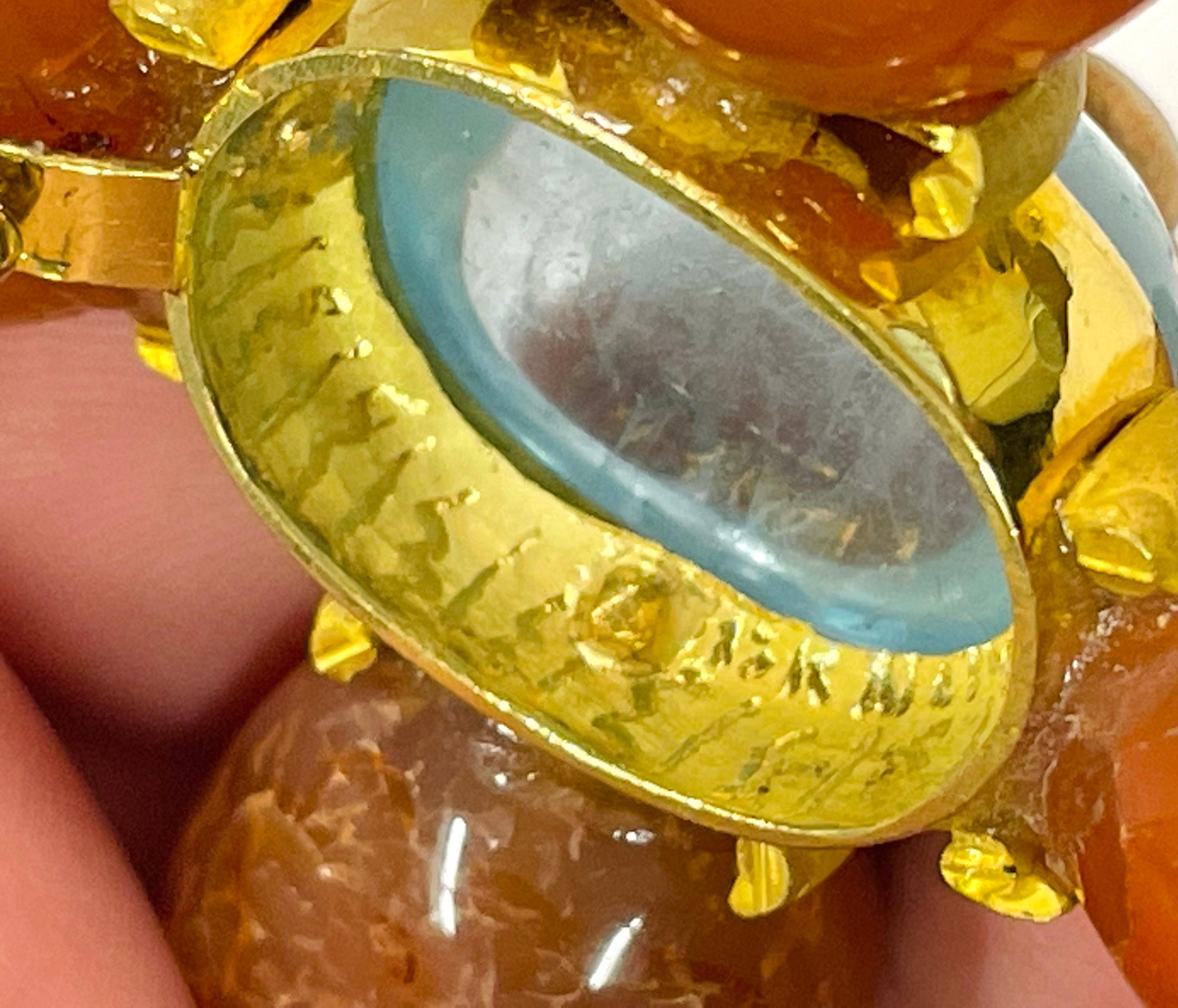 Retro Yellow Gold Carnelian Aquamarine Cross Pendant For Sale