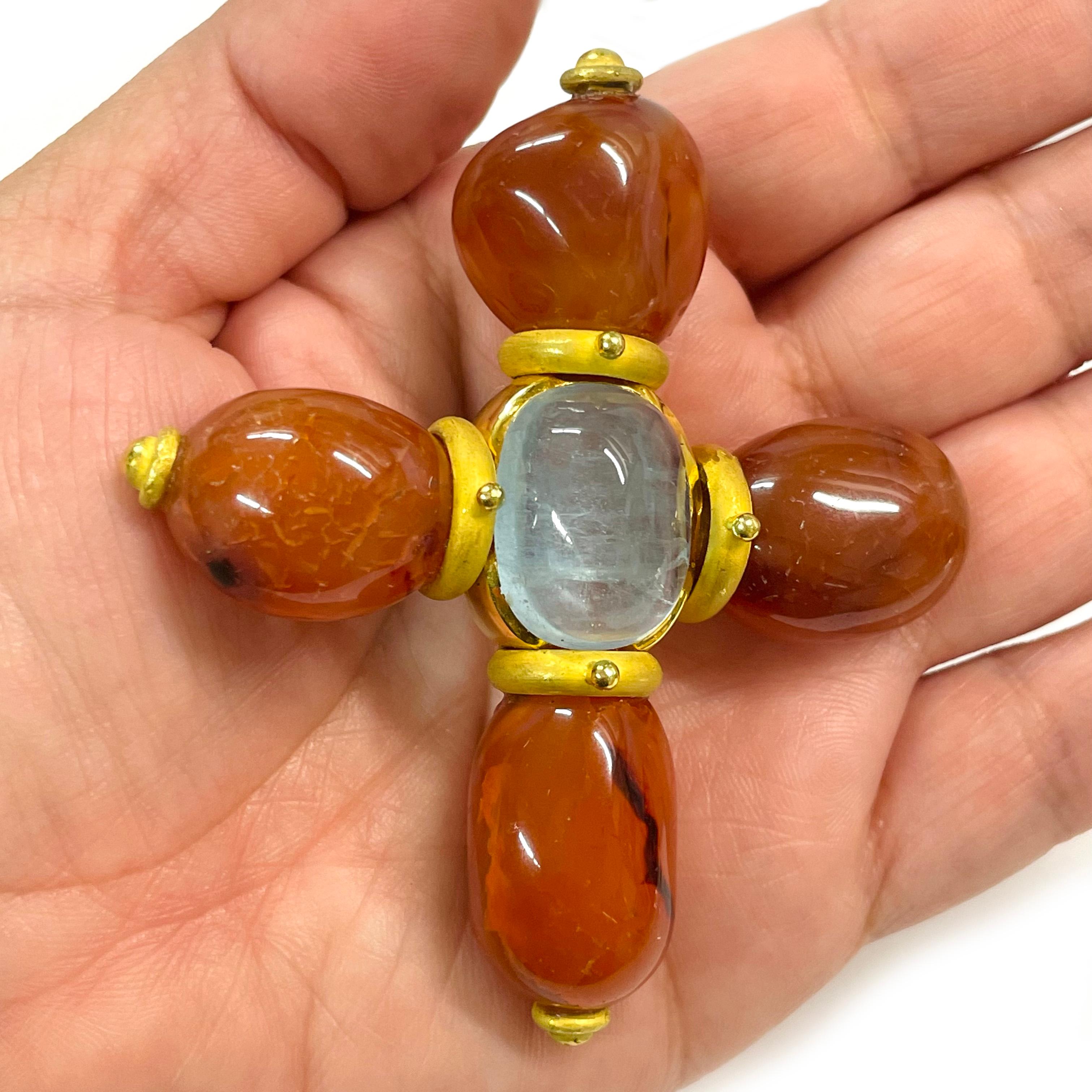 Yellow Gold Carnelian Aquamarine Cross Pendant In Good Condition For Sale In Palm Desert, CA