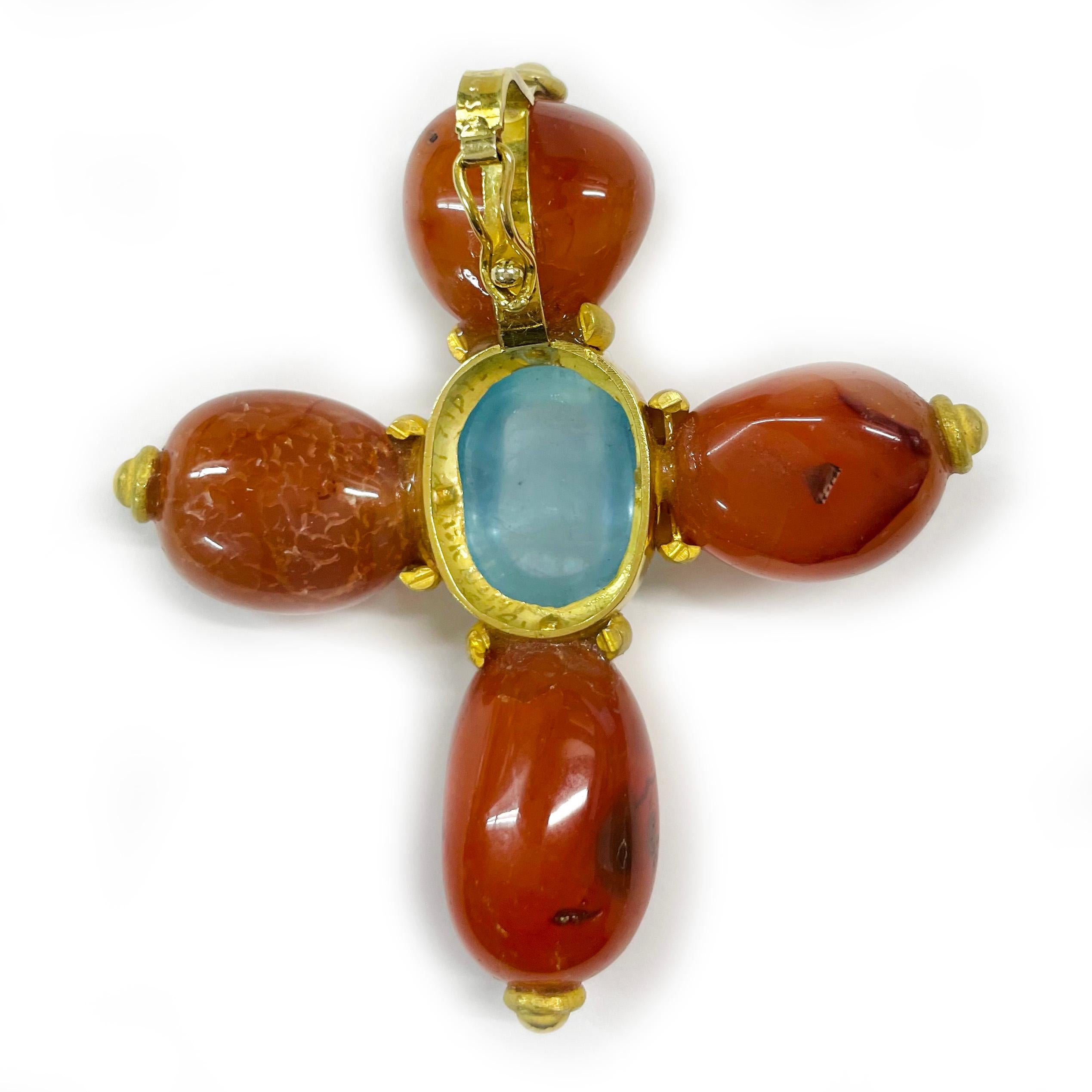 Women's or Men's Yellow Gold Carnelian Aquamarine Cross Pendant For Sale