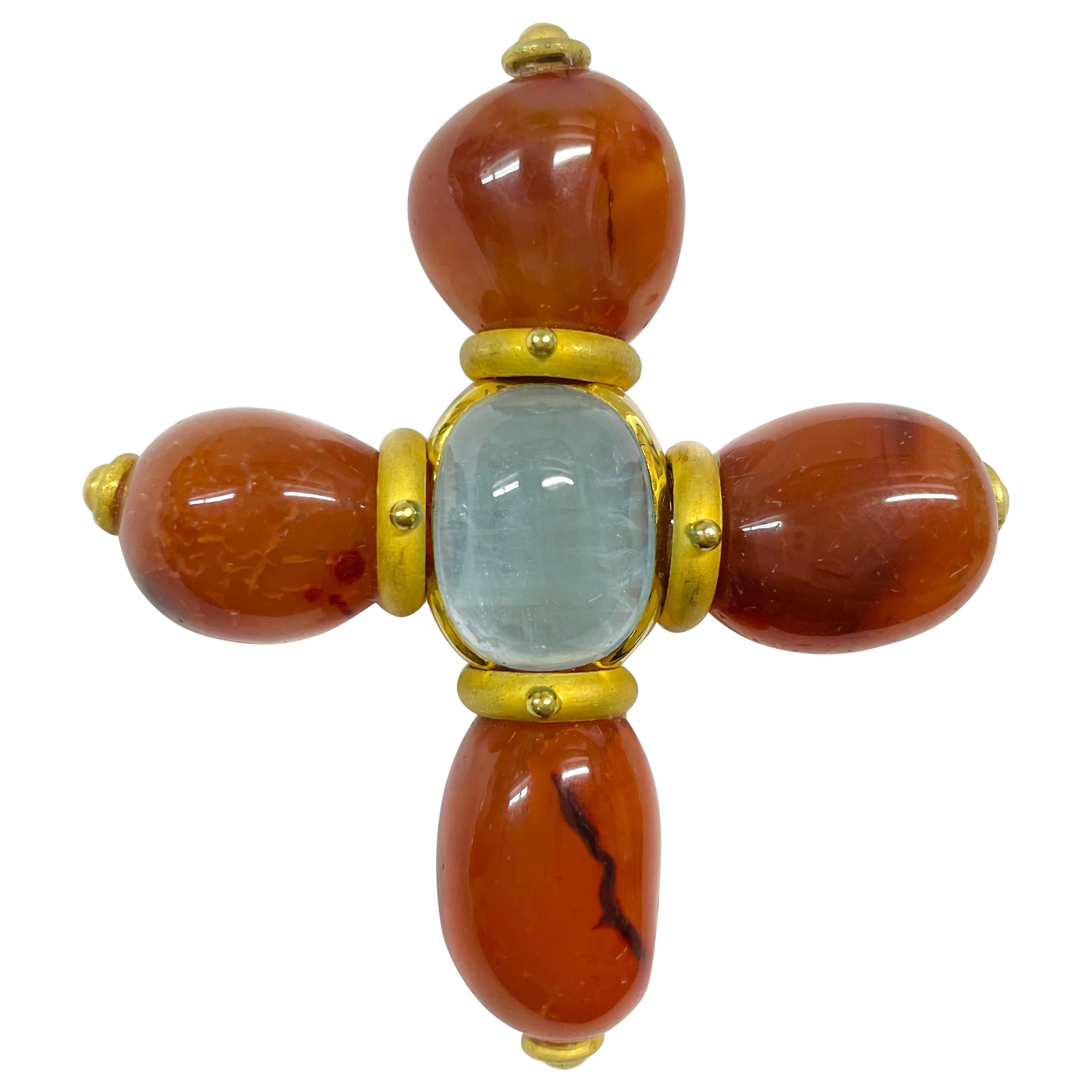 Gelbgold Karneol-Aquamarin-Kreuz-Anhänger