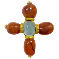 Yellow Gold Carnelian Aquamarine Cross Pendant
