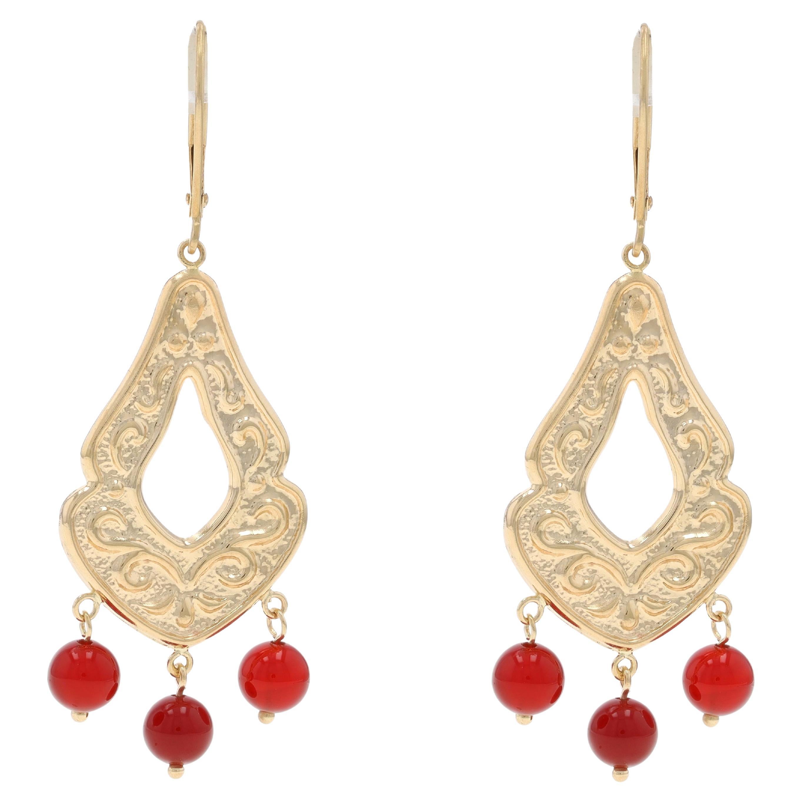 Yellow Gold Carnelian Chandelier Dangle Earrings - 14k Bead Scallop Scroll