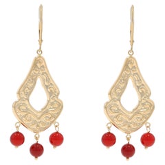 Yellow Gold Carnelian Chandelier Dangle Earrings - 14k Bead Scallop Scroll