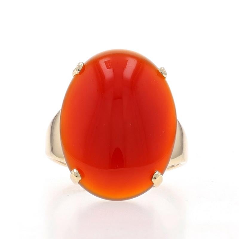 Size: 6 1/2
Sizing Fee: Up 2 sizes for $35 or Down 1 1/2 sizes for $30

Metal Content: 14k Yellow Gold

Stone Information

Natural Carnelian
Cut: Oval Cabochon
Color: Brownish Red
Size: 20.1mm x 15mm

Style: Cocktail Solitaire

Measurements

Face