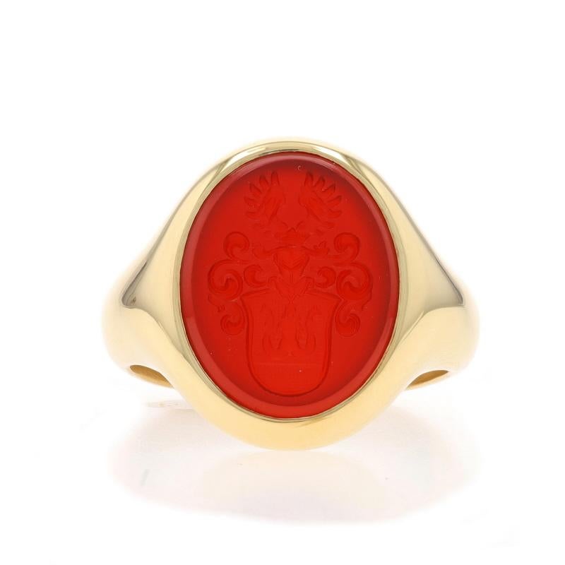 Size: 7 1/2
Sizing Fee: Up 1 size for $60 or Down 1 size for $40

Metal Content: 18k Yellow Gold

Stone Information

Natural Carnelian
Cut: Intaglio
Color: Orangey Red

Style: Signet
Theme: Crest, Coat of Arms

Measurements

Face Height (north to