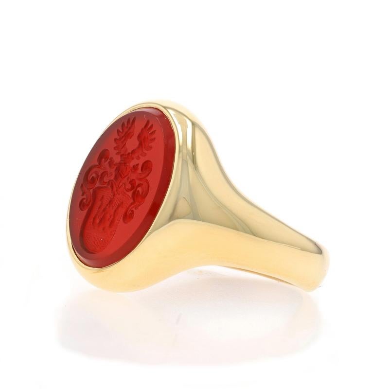 Yellow Gold Carnelian Crest Signet Men's Ring - 18k Intaglio Coat of Arms In Excellent Condition For Sale In Greensboro, NC