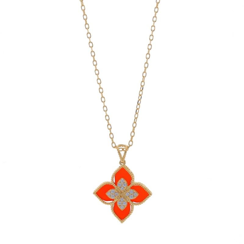 Contenu du métal : Or jaune 18k

Informations sur les pierres
Cornaline Naturelle
Couleur : Orange

Zirconias cubiques
Carat(s) : .08ctw dew
Coupe : Brillant rond
Couleur : transparent

Style : Cluster
Style de chaîne : Câble taillé en diamant
Style