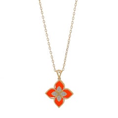 Yellow Gold Carnelian Cubic Zirconia Quatrefoil Flower Cluster Necklace 16" -18k