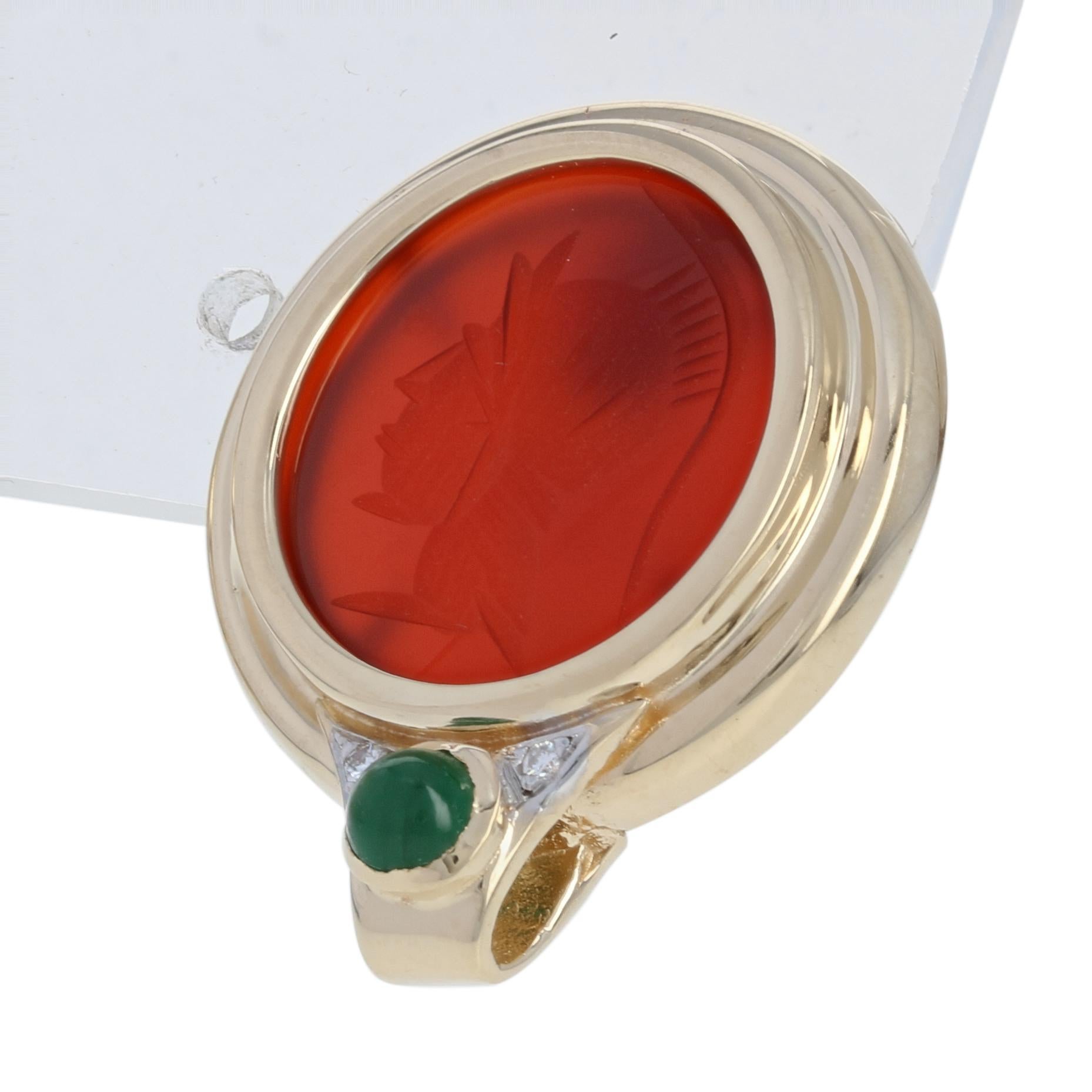 Round Cut Yellow Gold Carnelian, Emerald, Diamond Earrings 14k Round .44ctw Intaglio Studs