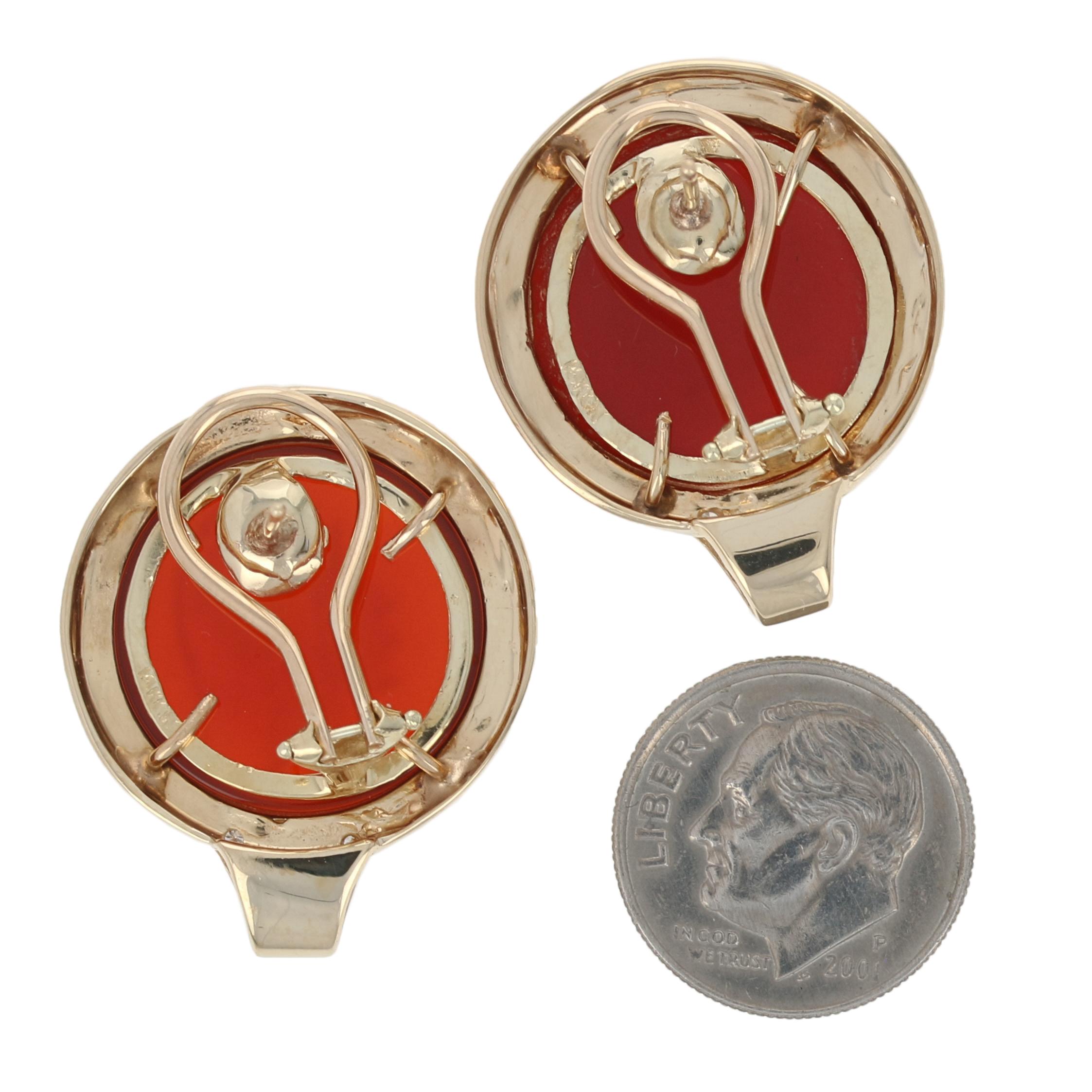 Women's Yellow Gold Carnelian, Emerald, Diamond Earrings 14k Round .44ctw Intaglio Studs