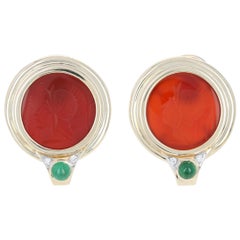 Vintage Yellow Gold Carnelian, Emerald, Diamond Earrings 14k Round .44ctw Intaglio Studs