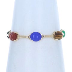 Yellow Gold Carnelian Tiger's Eye Vintage Link Bracelet 6 3/4" 14k Scarab Beetle