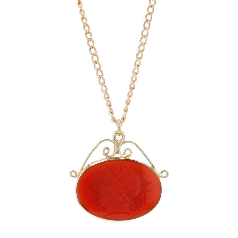 Era: Vintage

Metal Content: 14k Yellow Gold

Stone Information
Natural Carnelian
Cut: Intaglio
Color: Brownish Red

Style: Solitaire
Chain Style: Diamond Cut Curb
Necklace Style: Chain
Fastening Type: Spring Ring Clasp
Theme: Classical