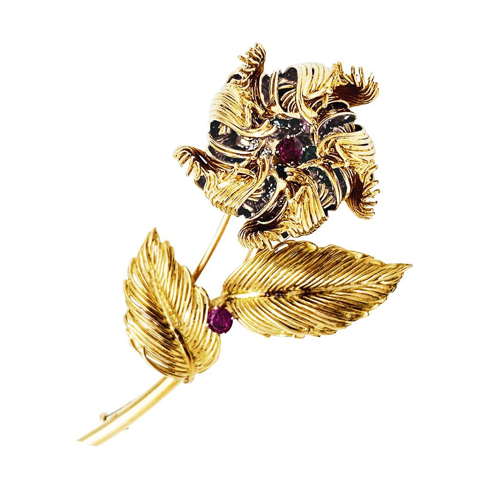 Yellow Gold Cartier Flower Brooch, Diamonds, Emerald, Rubies and Sapphires 5