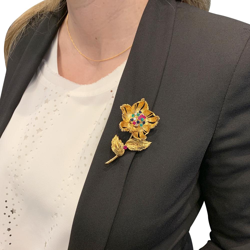 Yellow Gold Cartier Flower Brooch, Diamonds, Emerald, Rubies and Sapphires 7