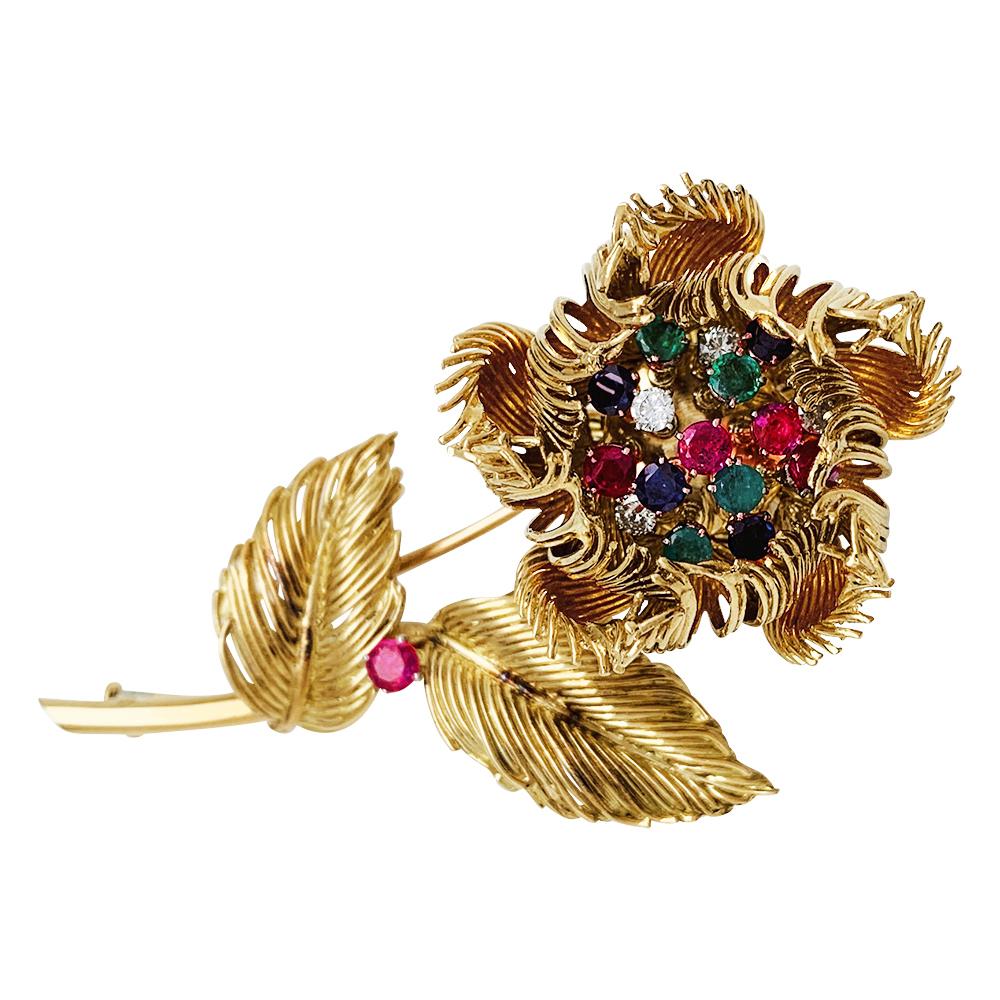 Rococo Yellow Gold Cartier Flower Brooch, Diamonds, Emerald, Rubies and Sapphires