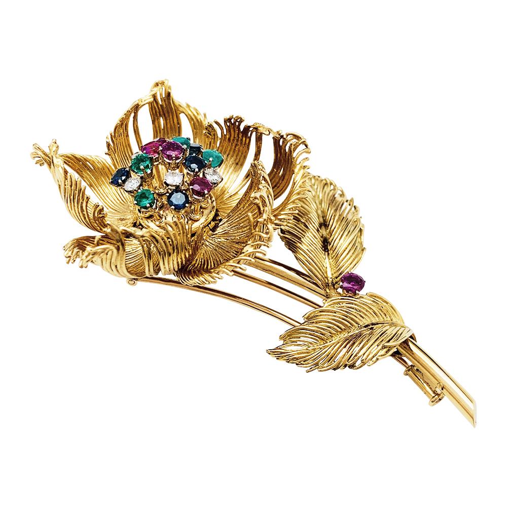 Round Cut Yellow Gold Cartier Flower Brooch, Diamonds, Emerald, Rubies and Sapphires