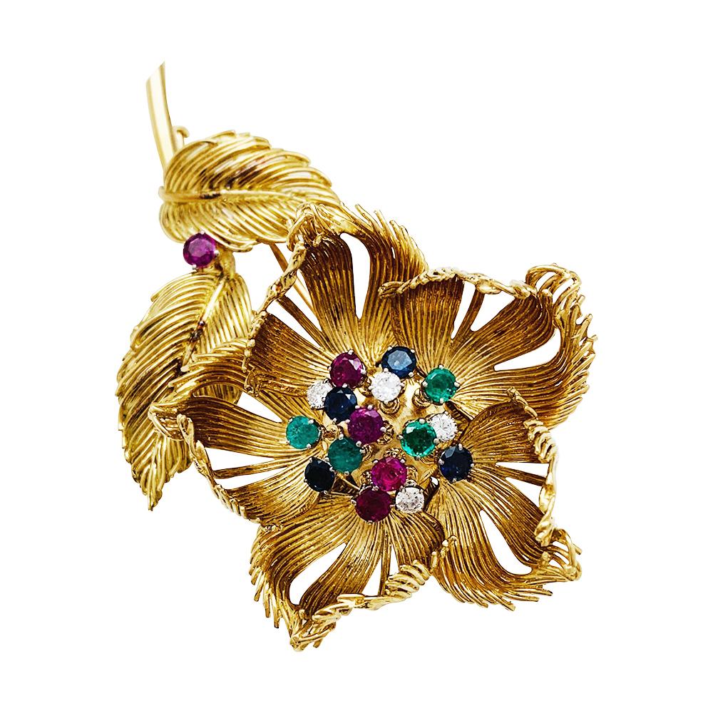 Yellow Gold Cartier Flower Brooch, Diamonds, Emerald, Rubies and Sapphires In Excellent Condition In Paris, IDF