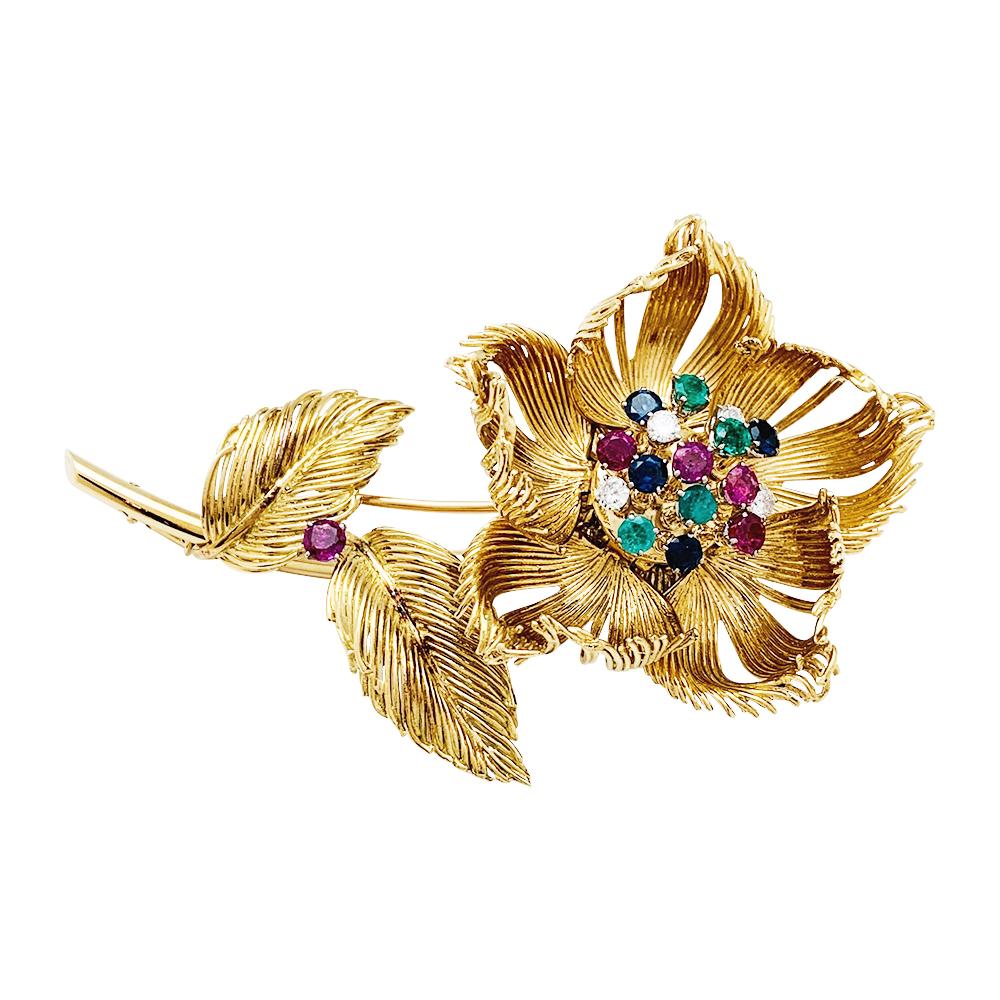 Women's or Men's Yellow Gold Cartier Flower Brooch, Diamonds, Emerald, Rubies and Sapphires