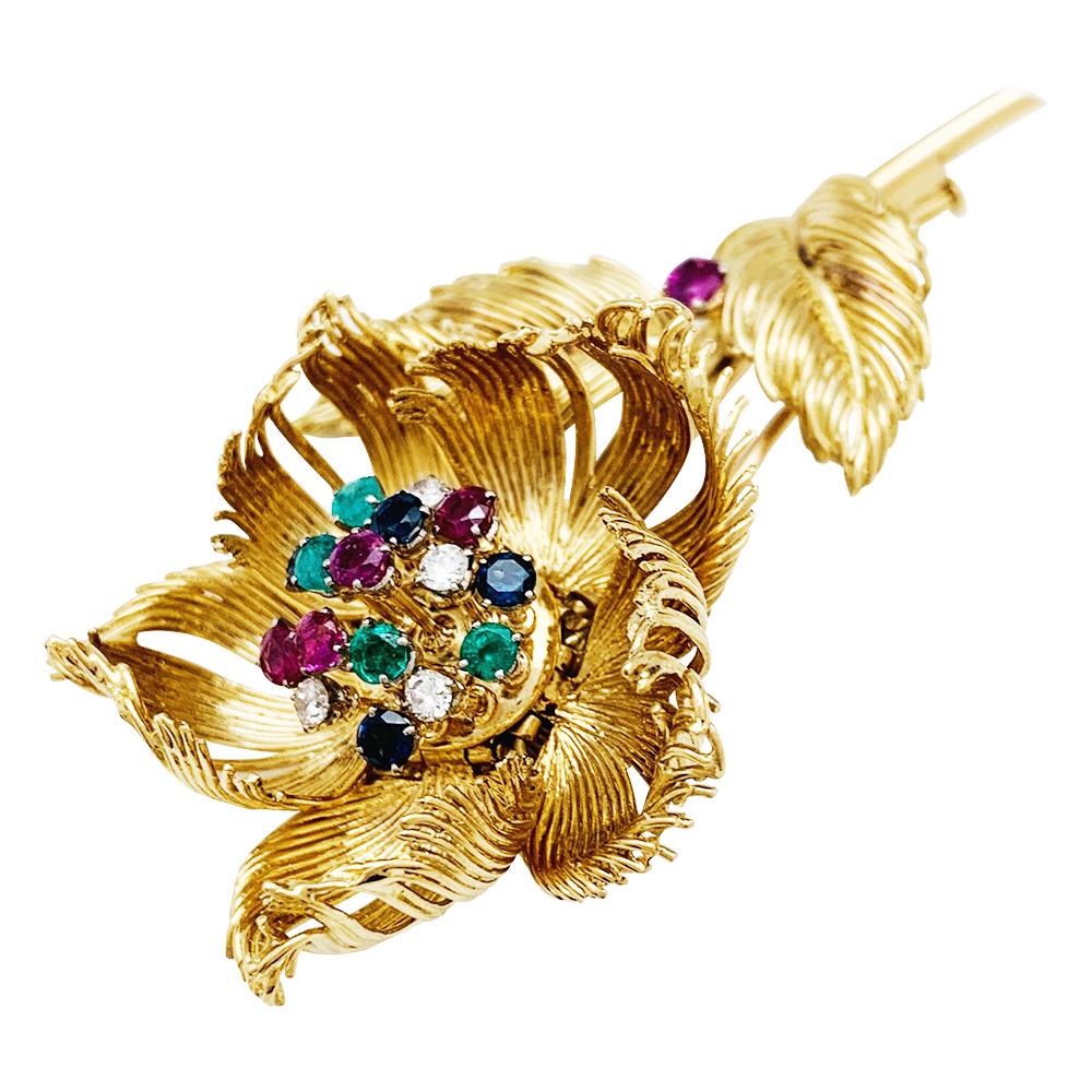 Yellow Gold Cartier Flower Brooch, Diamonds, Emerald, Rubies and Sapphires 1