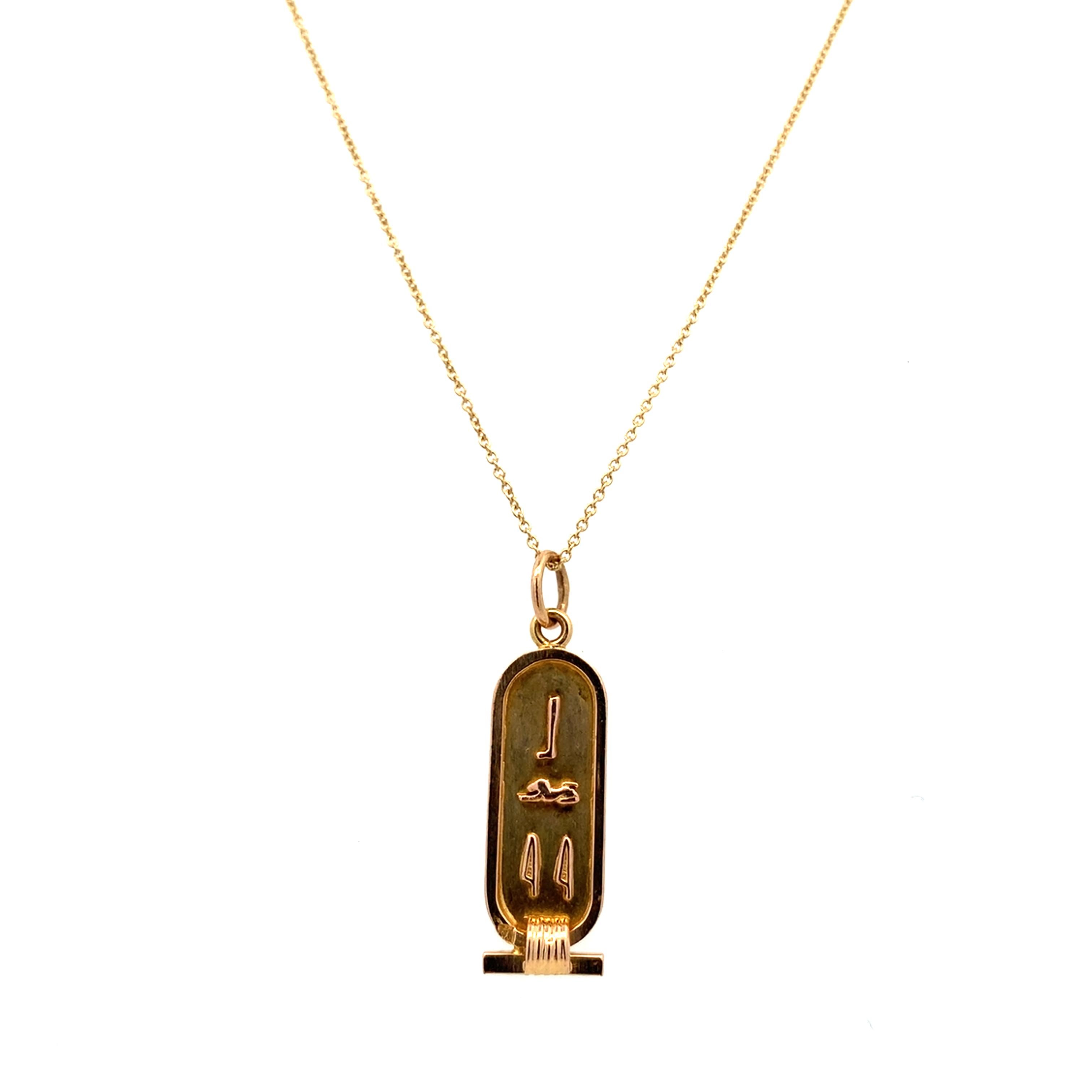 Women's or Men's Yellow Gold Cartouche Pendant Necklace with Hieroglyphic Detail For Sale