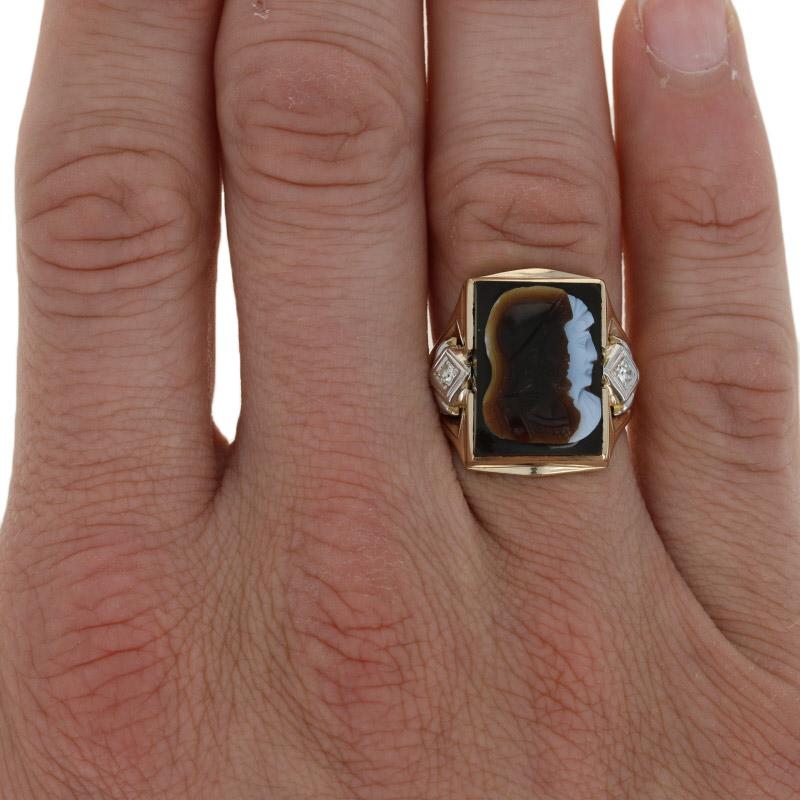 Yellow Gold Carved Banded Agate & Diamond Vintage Warriors Men's Ring, 10k In Excellent Condition In Greensboro, NC