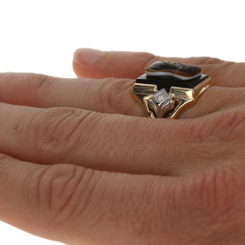 Women's or Men's Yellow Gold Carved Banded Agate & Diamond Vintage Warriors Men's Ring, 10k