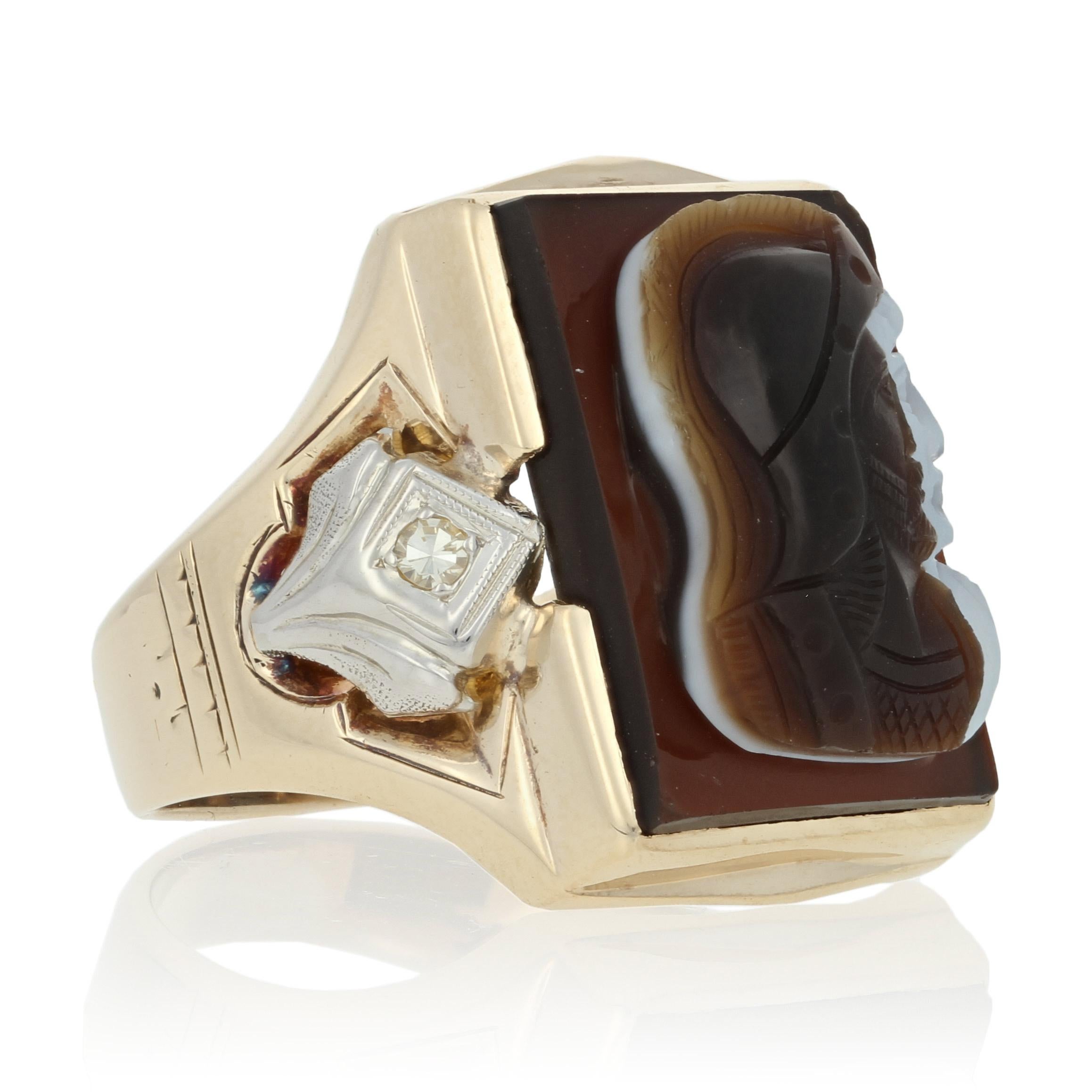 Yellow Gold Carved Banded Agate & Diamond Vintage Warriors Men's Ring, 10k 1