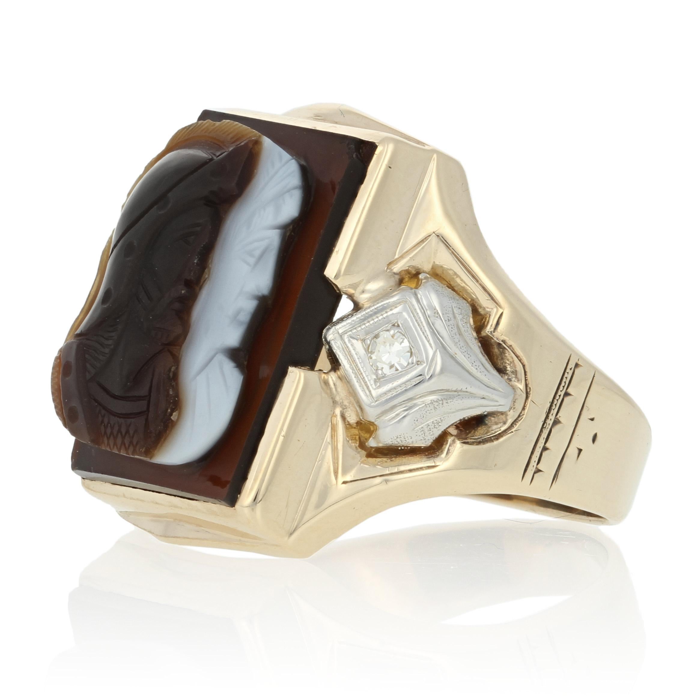 Yellow Gold Carved Banded Agate & Diamond Vintage Warriors Men's Ring, 10k 2