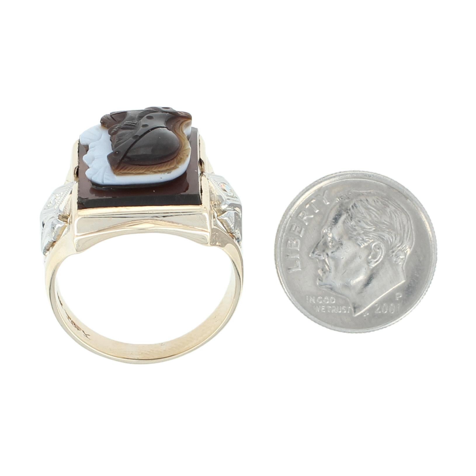 Yellow Gold Carved Banded Agate & Diamond Vintage Warriors Men's Ring, 10k 3
