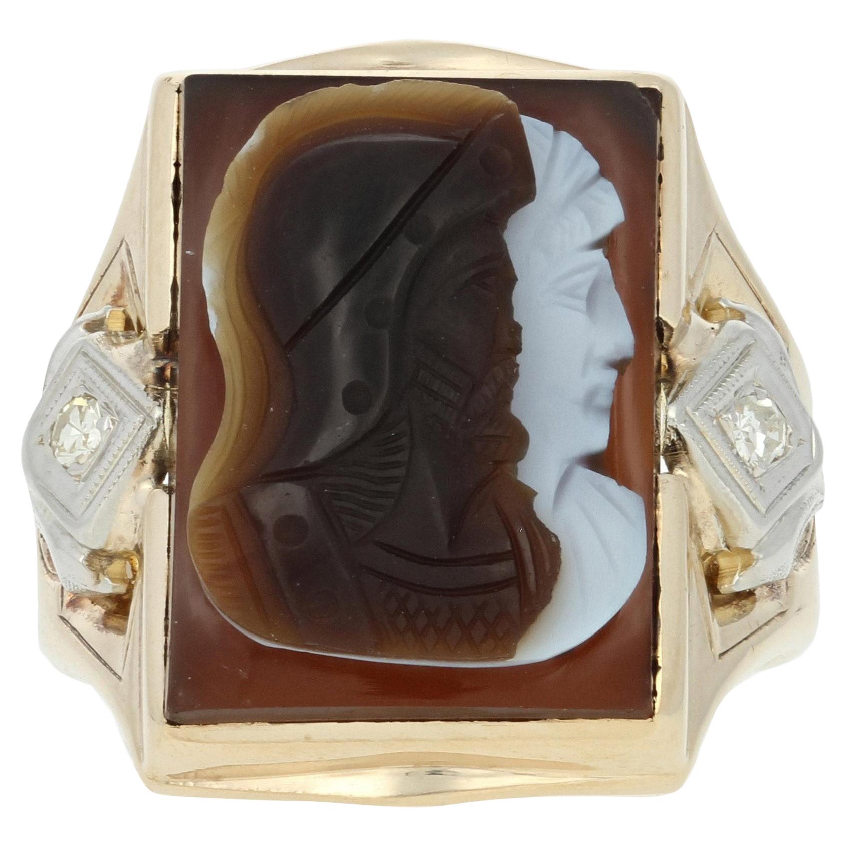 Yellow Gold Carved Banded Agate & Diamond Vintage Warriors Men's Ring, 10k